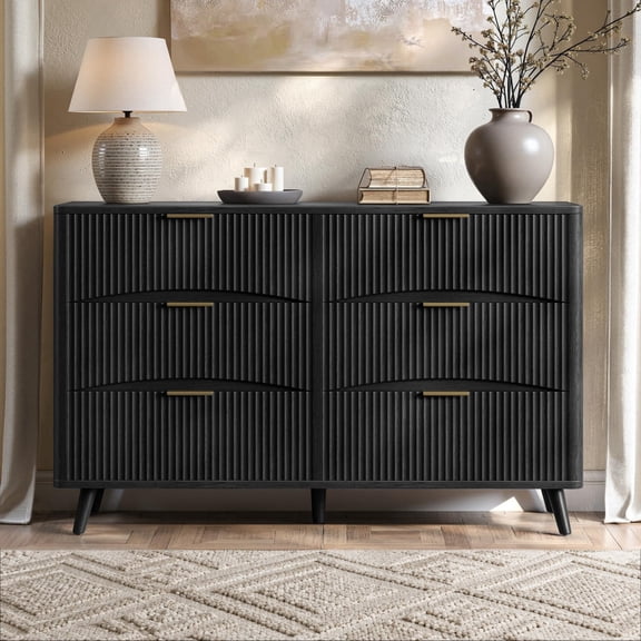 Evermagin Fluted 6 Drawer Dresser, Wide Wood Chest of Drawers Storage Organizer Cabinet with Handles for Bedroom, Living Room, Entryway, Black