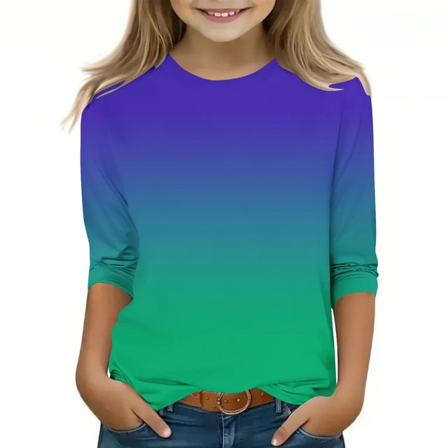 Dealovy Chemises pour Filles Manches 3/4 Couleur Dégradée Printemps Été Ample Décontracté Mignon Col Rond Tuniques