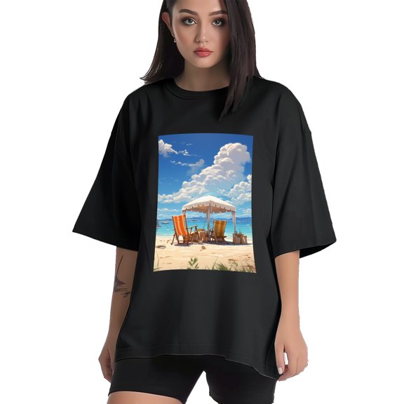 Plus Size Shirt for Women Black Tops for Women Short Sleeves Shirt for Women Seaside (53) T Shirt Crewneck Shirt for Women XS