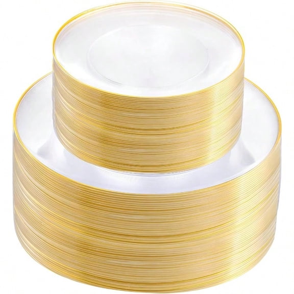 100PCS Clear and Gold Plastic Plates - Clear Disposable With Gold Rim Include 50 Each 10 inch Dinner 7 inch Dert Plates Ideal for Party Thanksgiving
