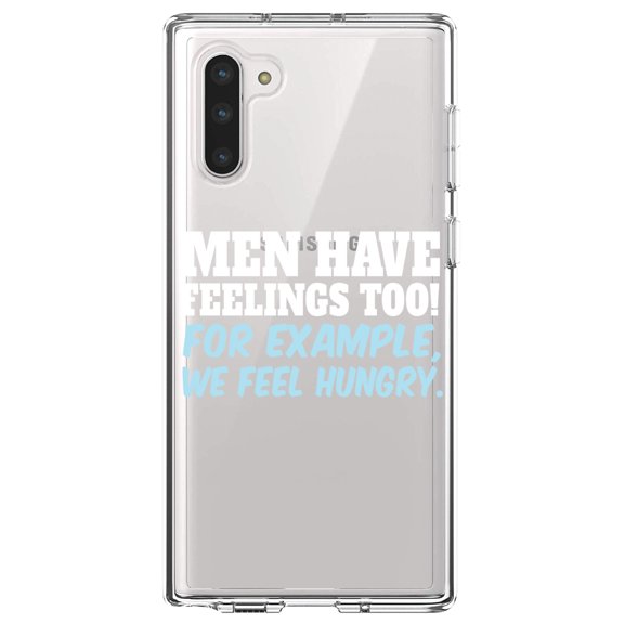 DistinctInk Clear Shockproof Hybrid Case for Samsung Galaxy Note 10 (6.3" Screen) - TPU Bumper Acrylic Back Tempered Glass Screen Protector - Men Have Feelings Too - Hunger