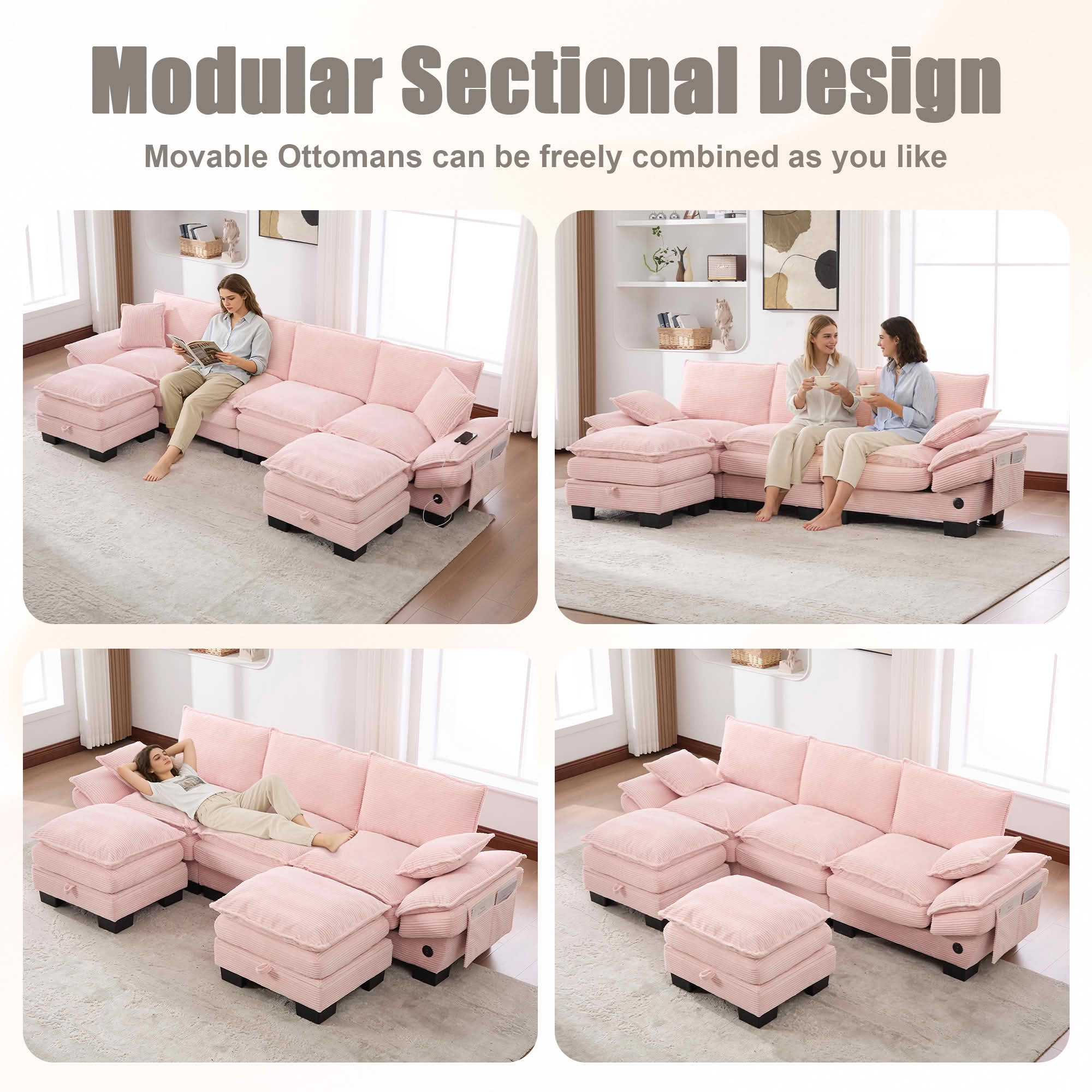 MAYEERTY Ottoman Footstool, Modular Cloud Sofa Footrest with Storage, Soft Corduroy, No Assembly, Pink