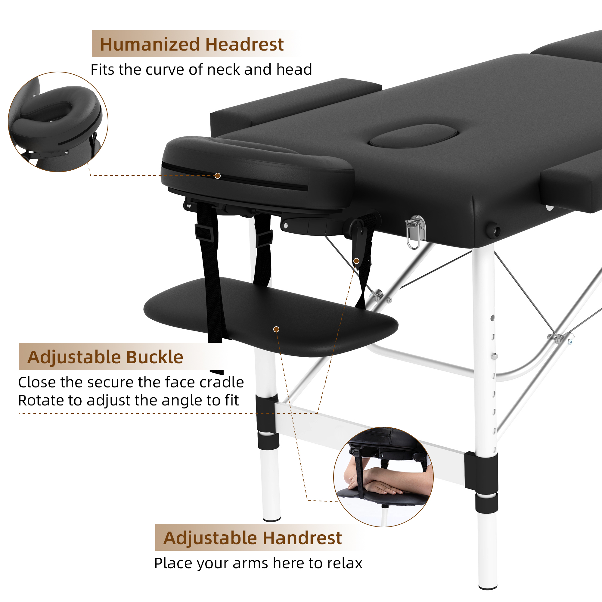 Westice Portable 2-Section Foldable Massage Table with Adjustable Height, Face Cradle, Aluminum Frame, Ideal for Spa, Tattoo, Lash & Facial Services, Black