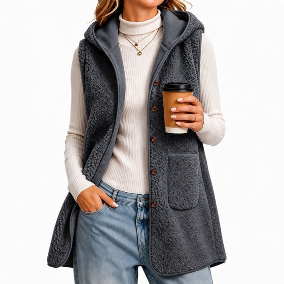 cocolona Womens Fleece Long Vest Hooded Button Down Sleeveless Sherpa Jacket Loose Casual Solid Color Fall Winter Outerwear