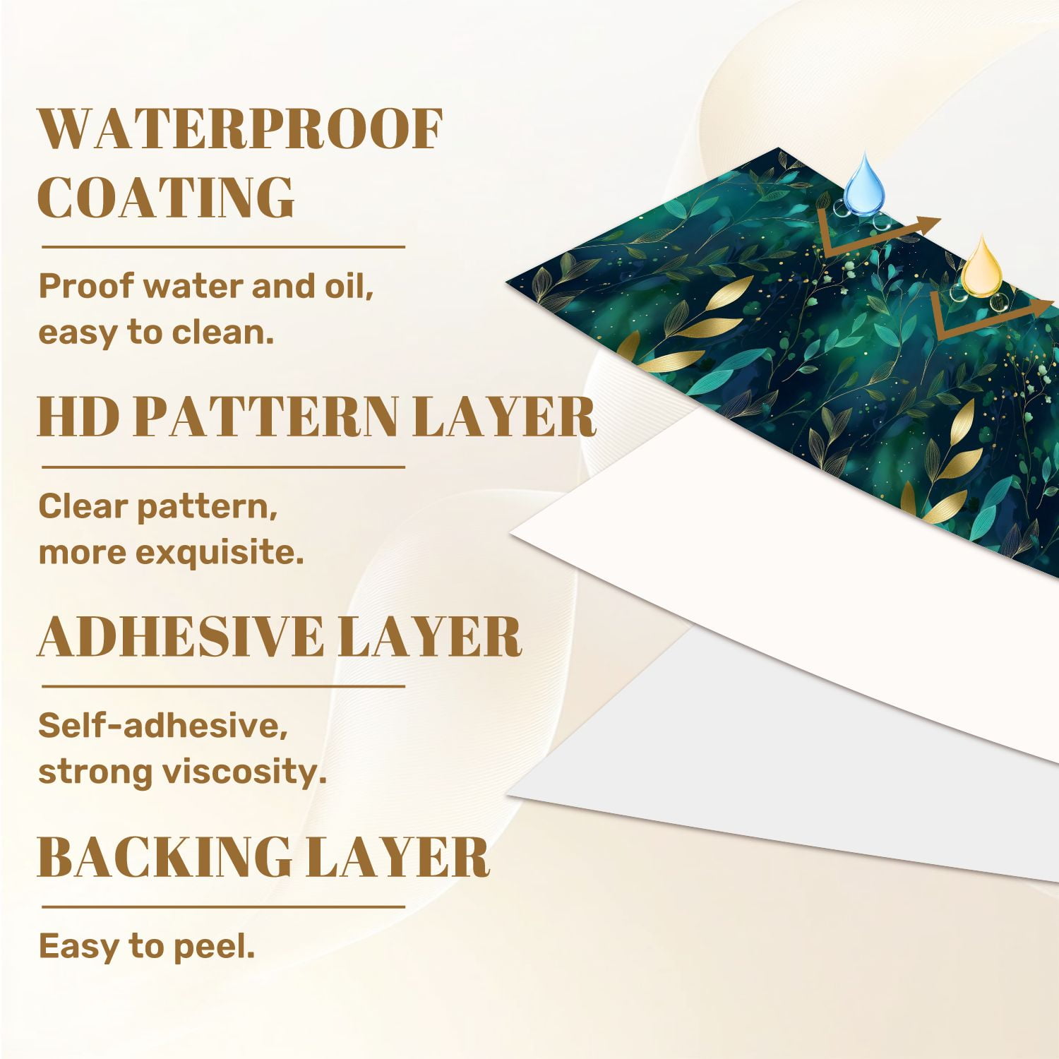 Peel and Stick Wallpaper 23.6in x 9.8ft Seamless Botanical Golden Teal Leaves Dark Green Contact Paper Vinyl Self-Adhesive Removable Wall Paper for Bedroom DIY Home Decor Renter Friendly