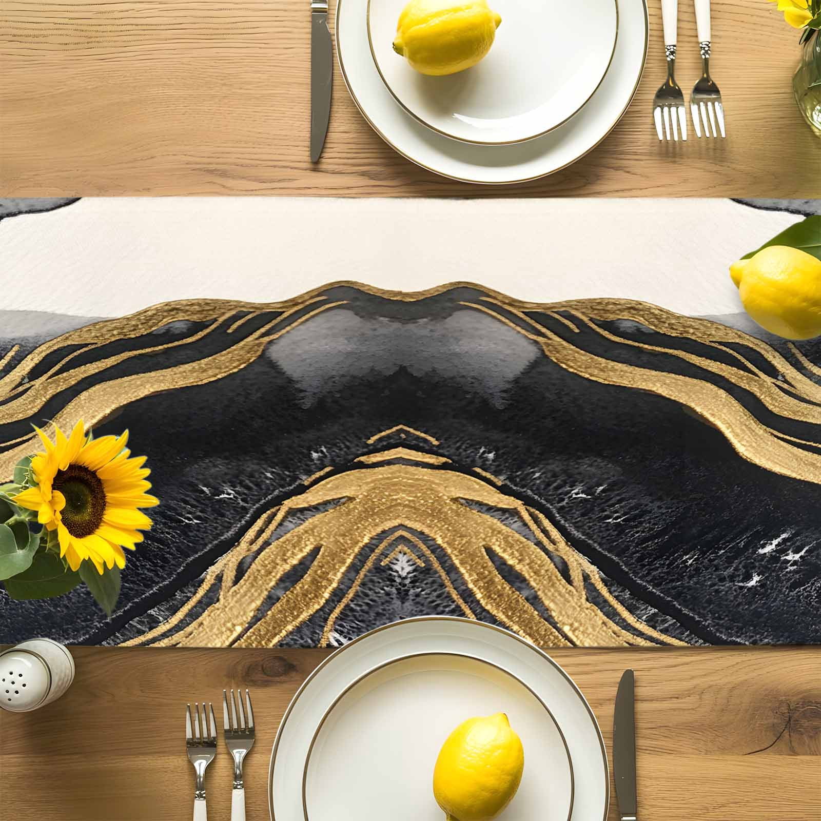 Gray Marble Abstract Stripe Table Runner 90 Inches Long, Gold Foil Modern Luxury Table Runners Tabletop Scarf Kitchen Dining Tables Decoration for Home Party Indoor Outdoor
