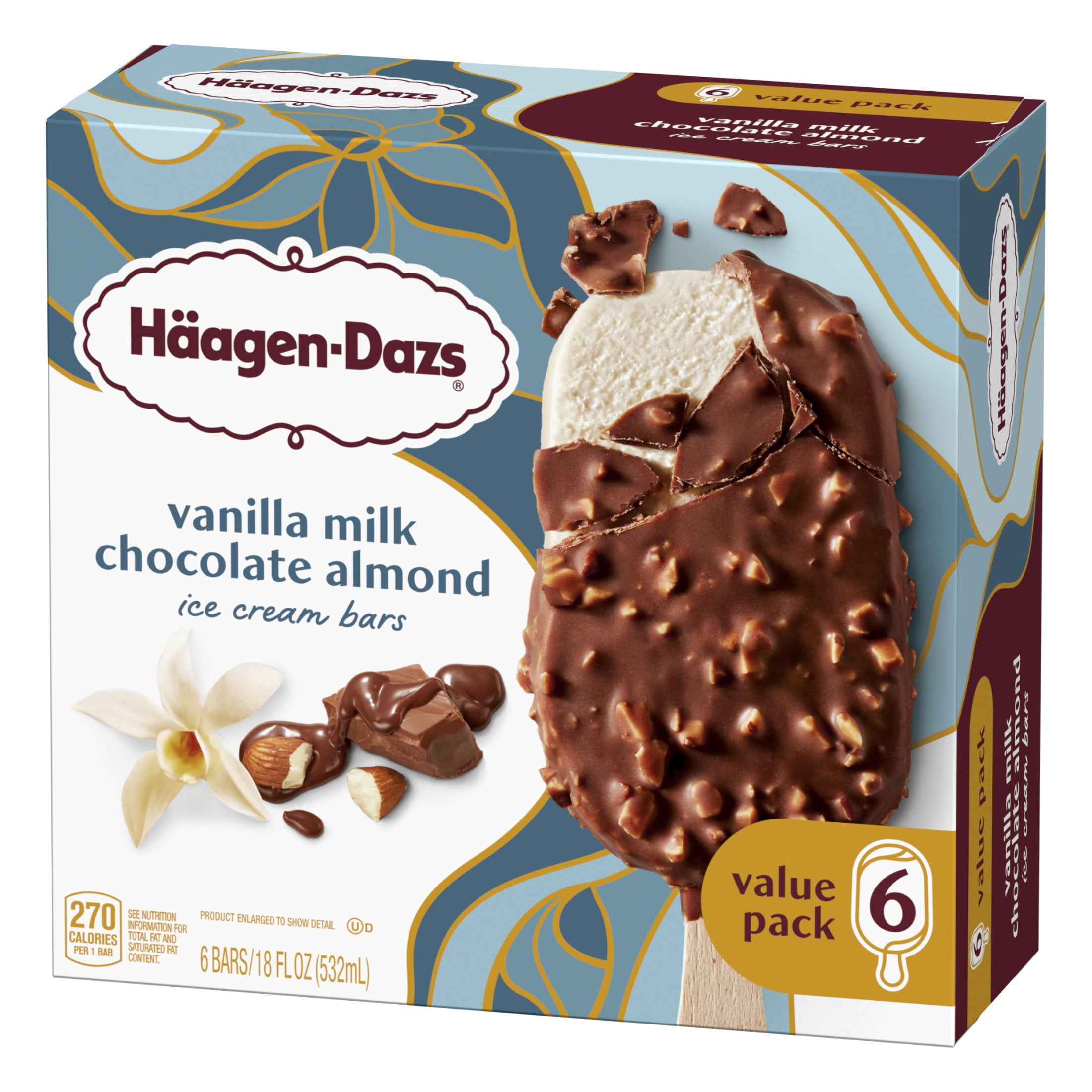 Haagen Dazs Vanilla Milk Chocolate Almond Ice Cream Bars, Gluten Free, Kosher, 6 Count