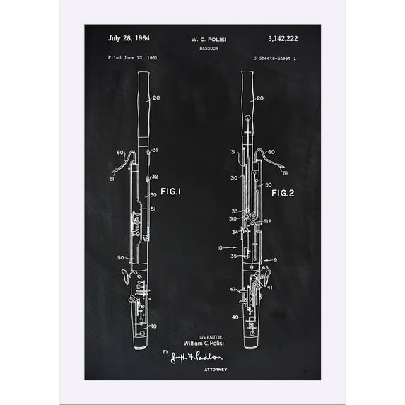 Blackboard Patent - Bassoon - Lantern Press Artwork (12x18 Giclee Art Print, Gallery Framed, White Wood)