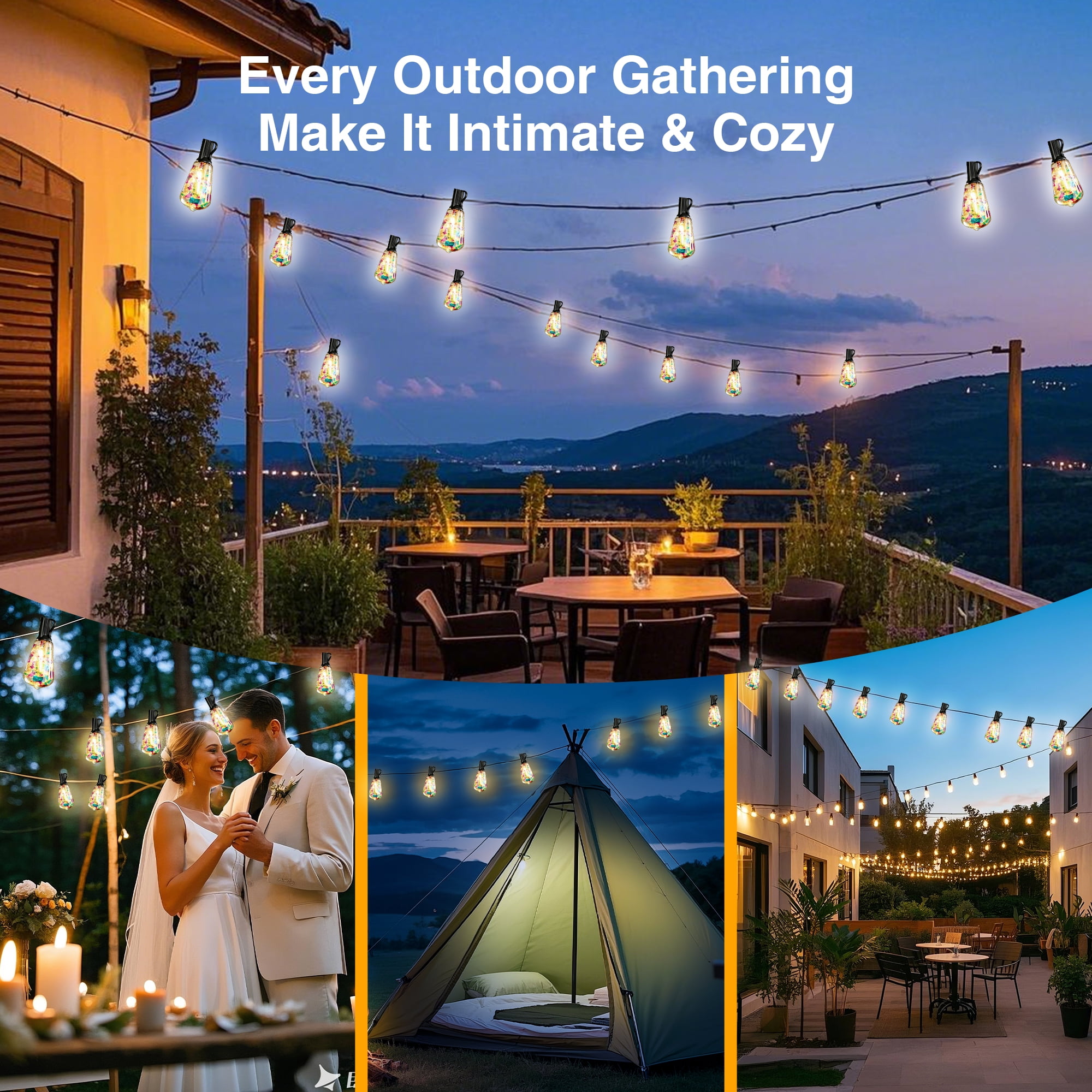 PHOPOLLO 100 ft ST38 Outdoor String Lights with 24+1 Shatterproof LED Bulbs (E12 Base), Waterproof Hanging Vintage Edison Lights for Patio, Garden, Christmas Decor
