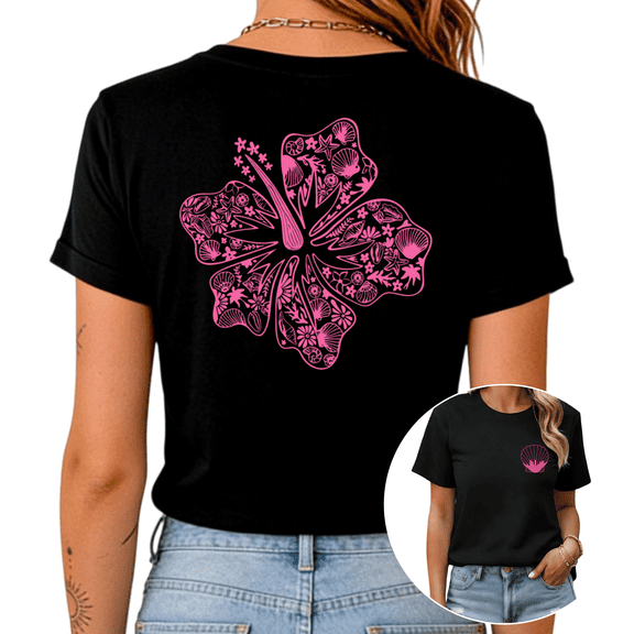 Black S-5XL Pink Hawaiian Flower Seashell Print Tshirt Graphic Tees Shirts Vacation Aesthetic Tops