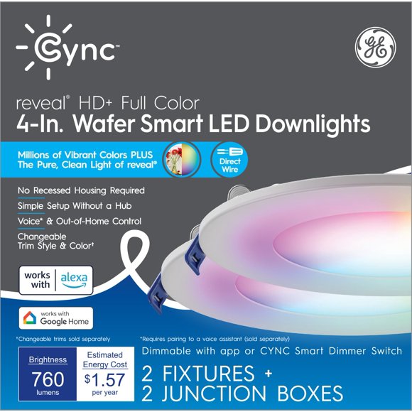 Cync GE Reveal HD+ Wafer Smart LED Downlight Fixture, Full Color Changing Lights, WiFi and Bluetooth LED Lights, 760 Lumens, Works with Google Home and Am