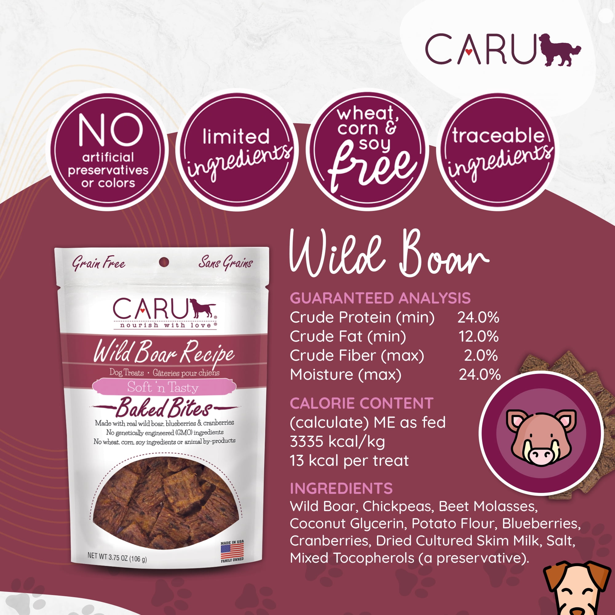 Caru Soft 'n Tasty Wild Boar Recipe Baked Bites Dog Treats, 3.75 Oz.