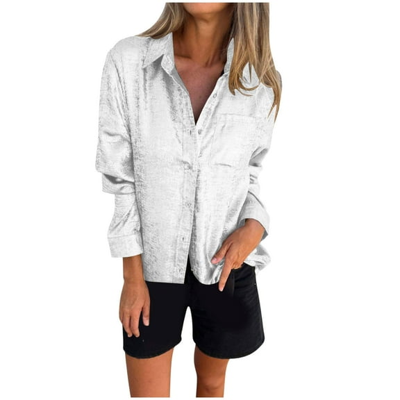 Perfectbot Womens Button Down Blouse Lapel Long Sleeved V Neck Tops Vacation Casual Tee Shirts