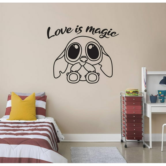 Love Is Magic Quote Lilo And Stitch Disney Movie Stitch Cute Face Silhouette Wall Art Wall Sticker Wall Decal Vinyl Decal Home Decor Nursery Kinder Room Living Room Bedroom Decoration Size(22x30 inch)