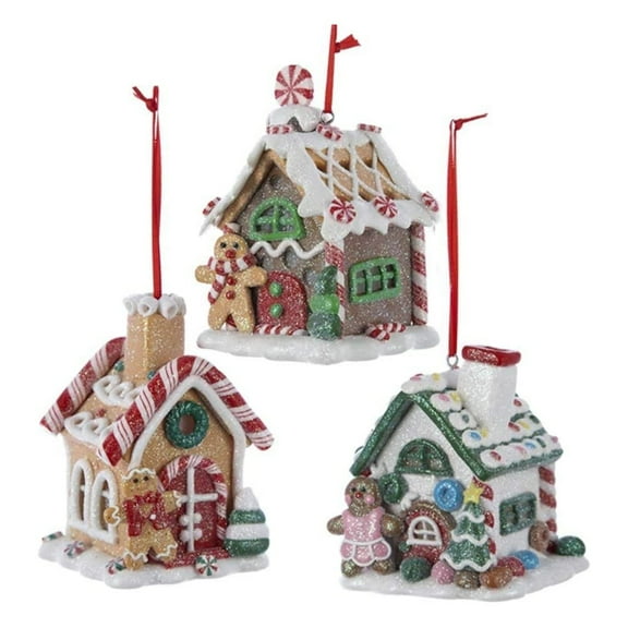 Kurt Adler Glitter Gingerbread House Holiday Ornament Set (3 Pack)