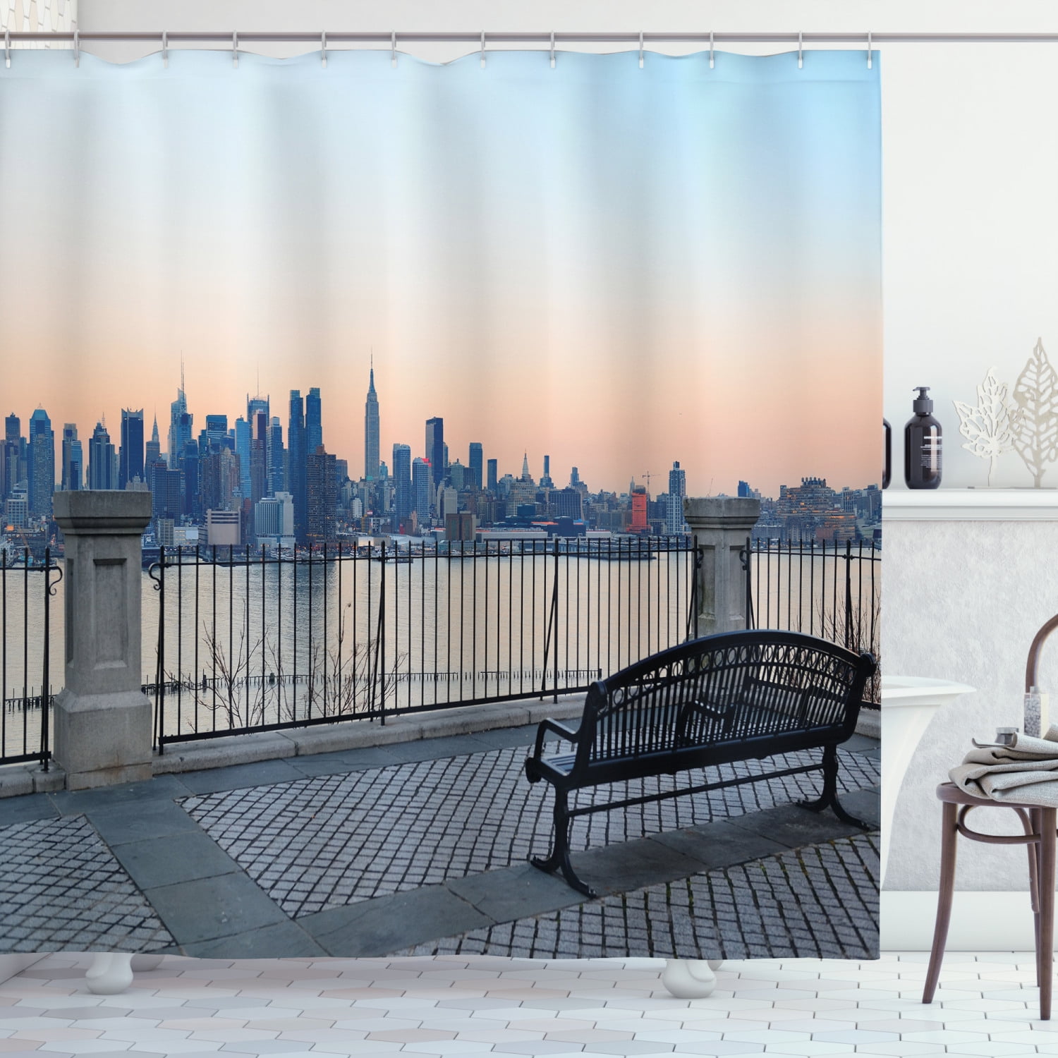Landscape Shower Curtain, Bench in New York City Midtown Manhattan
