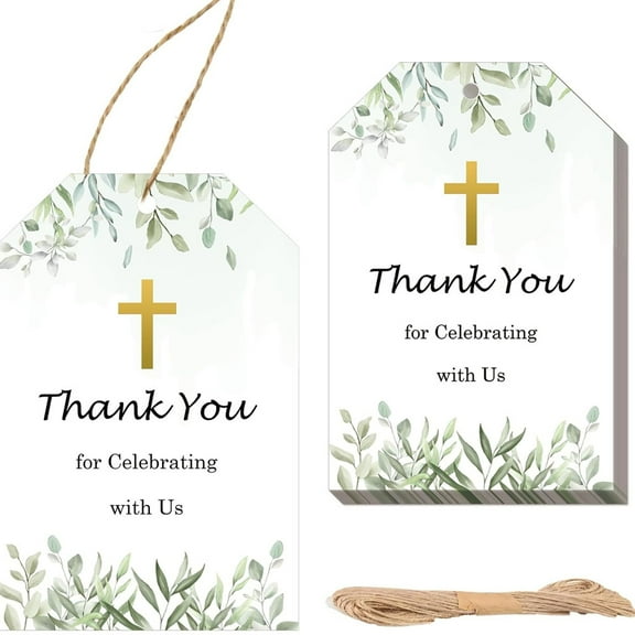 50 Pcs Green Leaves Baptism Thank You Tags 2.2 x 3.5inch God Blessed Cross Gift Tag with String