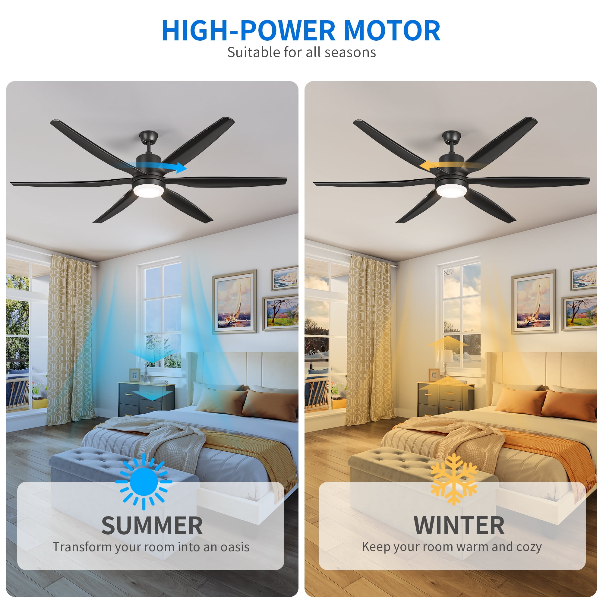 Uforic Modern 66" 6-Blade Ceiling Fan with LED Light, 6-Speed Reversible Outdoor Ceiling Fan for Patio, Quiet DC Motor, App & Remote Control (Black)