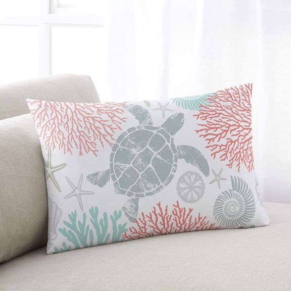 Teal Red Coastal Turtle Throw Pillow Cover, Pillowcase Protectors with Zipper, Breathable Decorative Lumbar Pillow Case Cover, Ocean Coral Nautical Pillow Shams for Couch Sofa 12x20Inch