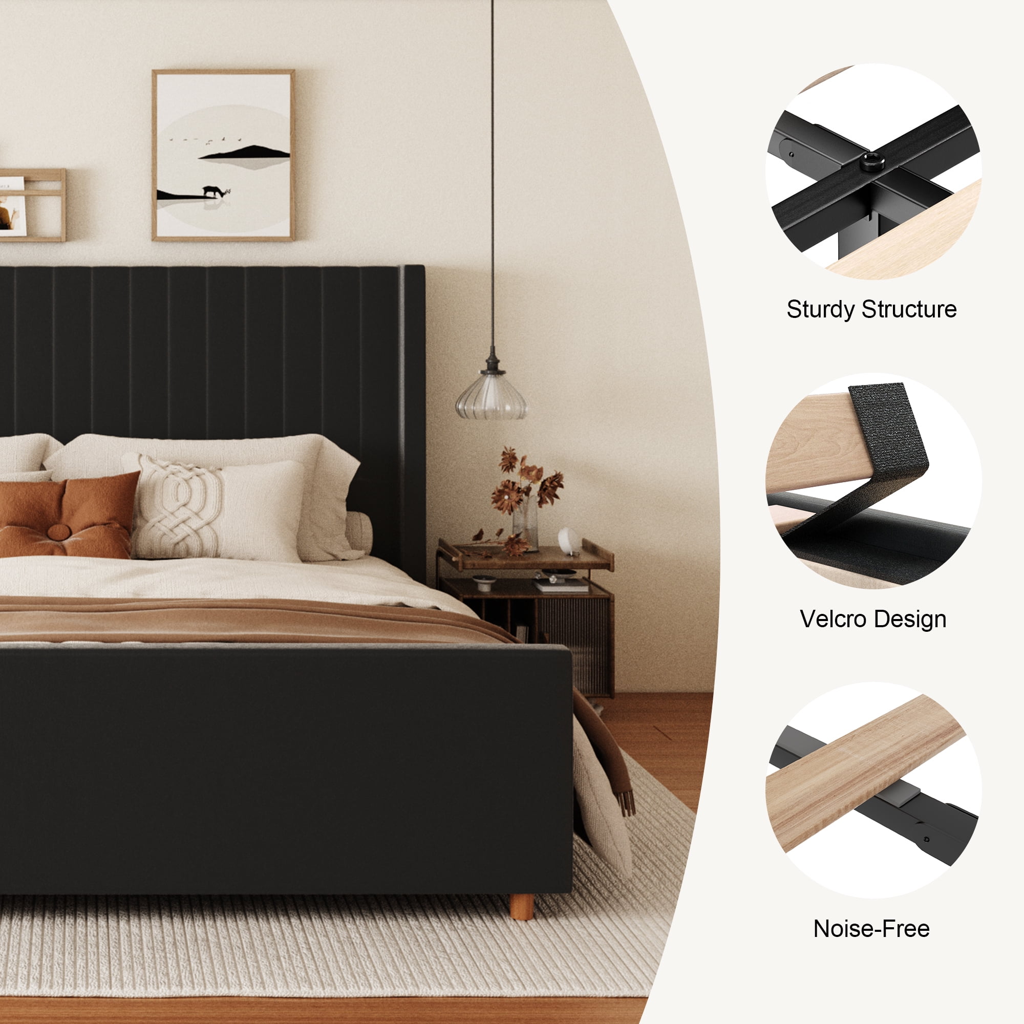 King Size Bed Frame, Upholstered Platform Bed with 62" Tall Headboard & Footboard, Soft Velvet Fabricbed Bed, Easy Assembly, Black