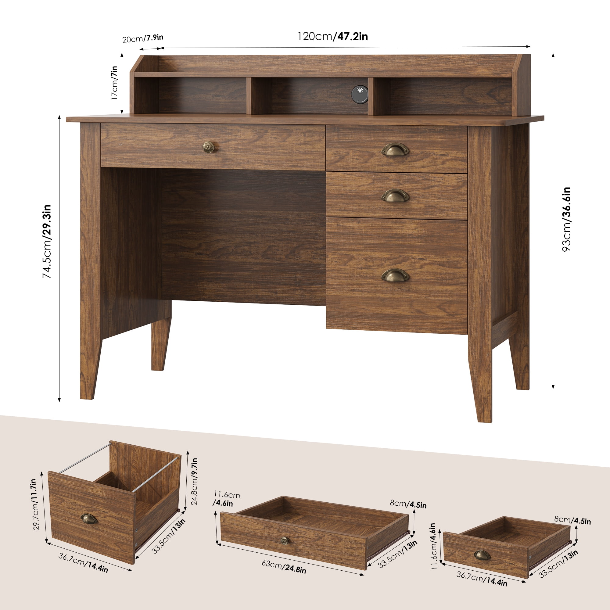 Homfa 47 in Computer Desk, Home Office Writing Table with 4 Drawers & Hutch Shelf, Rustic Brown