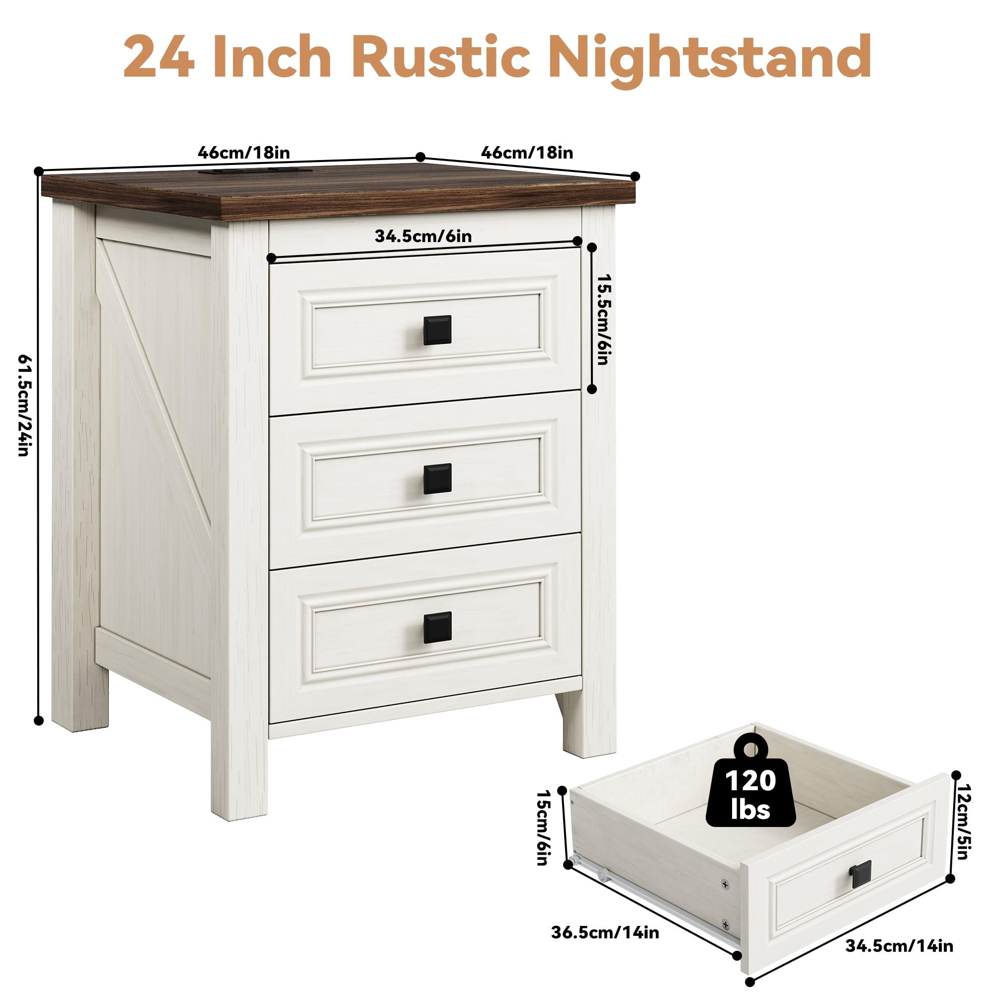 IDEALSOUL Nightstand, Bedside Table with Charging Station, White Farmhouse 3 Drawer Nightstand Rustic Night Stand End Tables for Bedroom Living Room