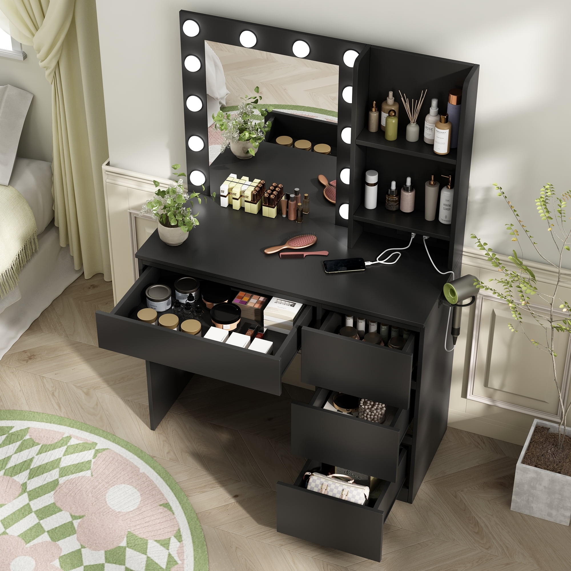 VEANERWOOD Makeup Vanity with Lights, Bedroom Vanity Table with Power Strip, Modern Dressing Table, 4 Drawers, 37in, Black