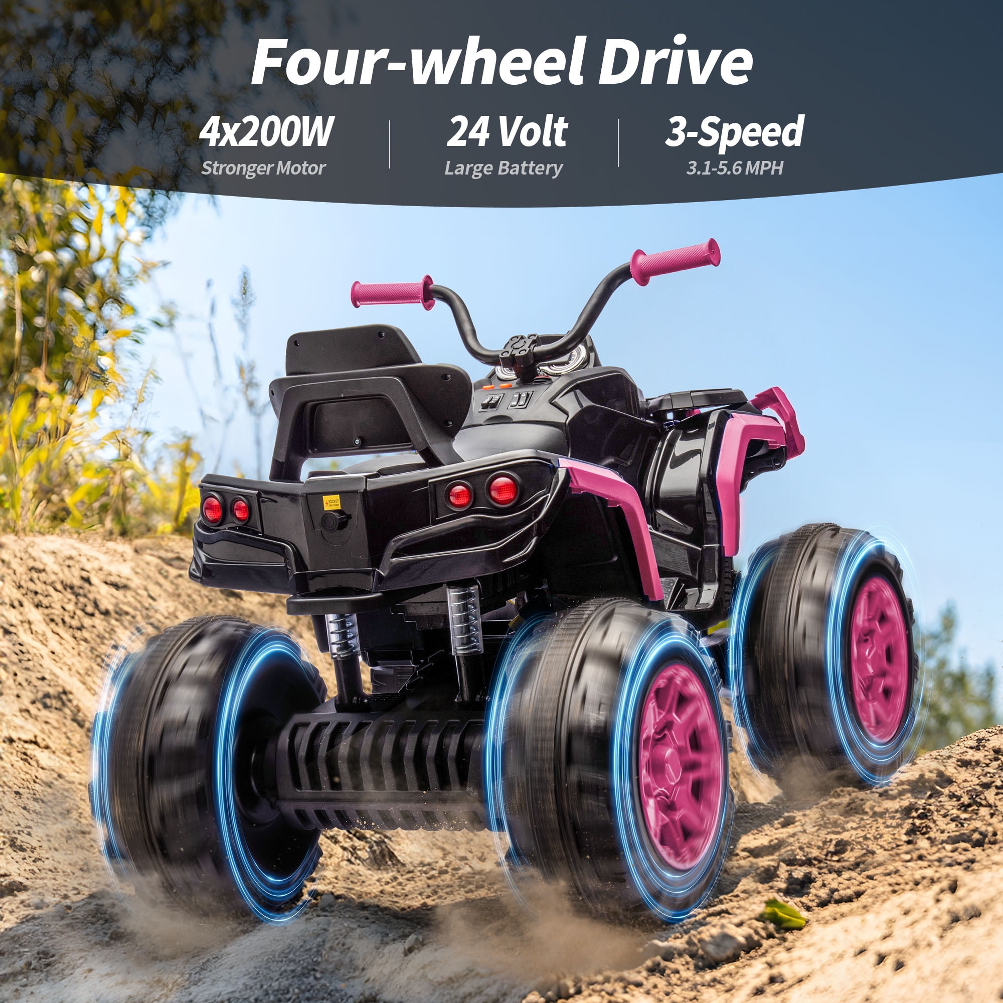 Hikiddo 24V Kids ATV 4-Wheeler, 24 Volt 4WD Ride on Toy for Big Kid w/ 4x200W Motor, 5.6Mph Max Speed - Pink