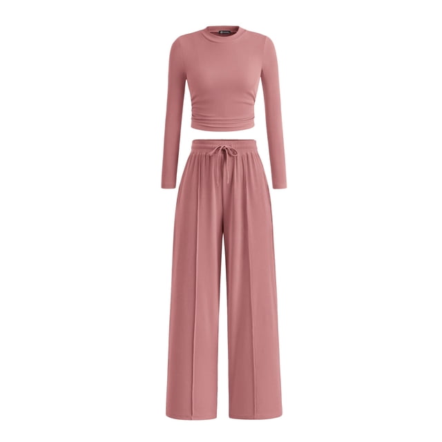 Conjunto Coordinado PRETTYGARDEN Top Corto y Pantalón de Pierna Ancha Rosa Talla L