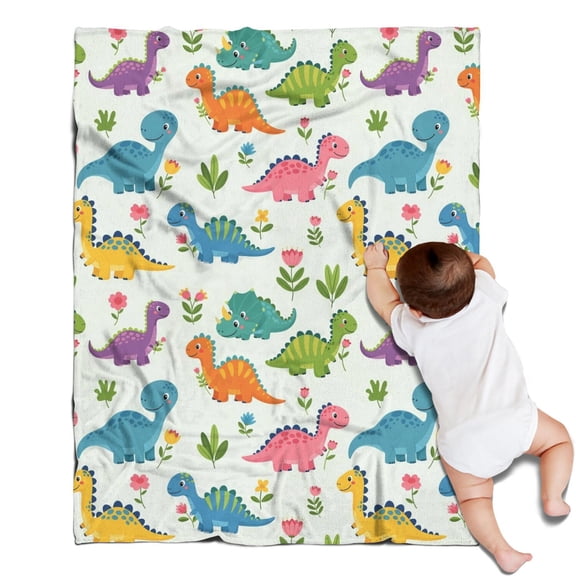 Colorful Dinosaurs Holding Flowers Blanket,Comfortable Soft Lamb Wool Throw Blanket,All Season,Warm Lightweight Blankets for Sofa Bed Couch Living Room Chair,30"x40"