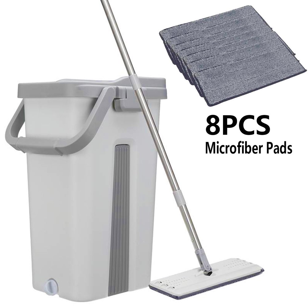 Flat Floor Mop and Bucket Set With 4/6/8 Reusable Microfiber Pads,Wet