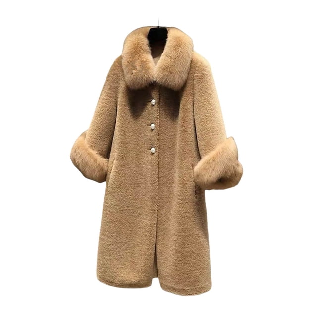 Qarigey Abrigo de piel artificial cálido grueso para mujer abrigo largo transpirable lavable chaqueta de invierno cuello de piel ropa de calle Abrigos y chamarras Marrón L