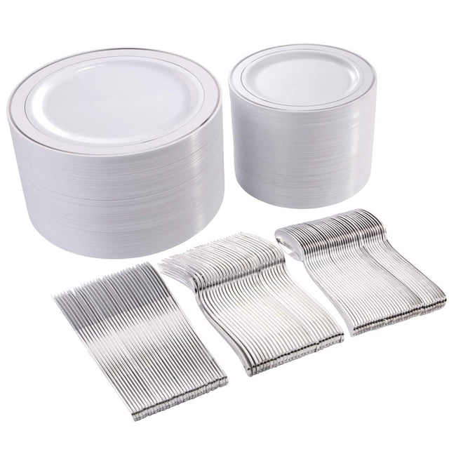I00000 300 Pieces Silver Plastic Plates with Disposable Silverware, Fancy Tableware Sets Include 60 Dinner Plates 10.25", 60 Salad Plates 7.5", 60 For
