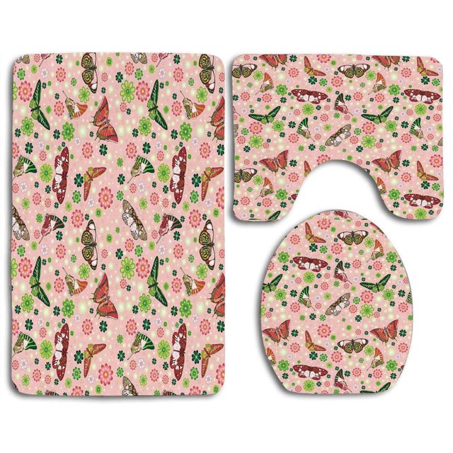ABPHQTO Naturaleza Mariposas Flores Tréboles Vibrante Botánico Inspirador Juego de alfombras de baño de 3 piezas Alfombra de baño Alfombra de contorno y tapa de inodoro ABPHQTO Cont-CHAPPLE-25025