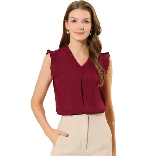 Blusas vintage sin mangas con volantes para mujer de trabajo con ribete de volantes Rojo Oscuro S Allegra K Blusa Walmart en linea