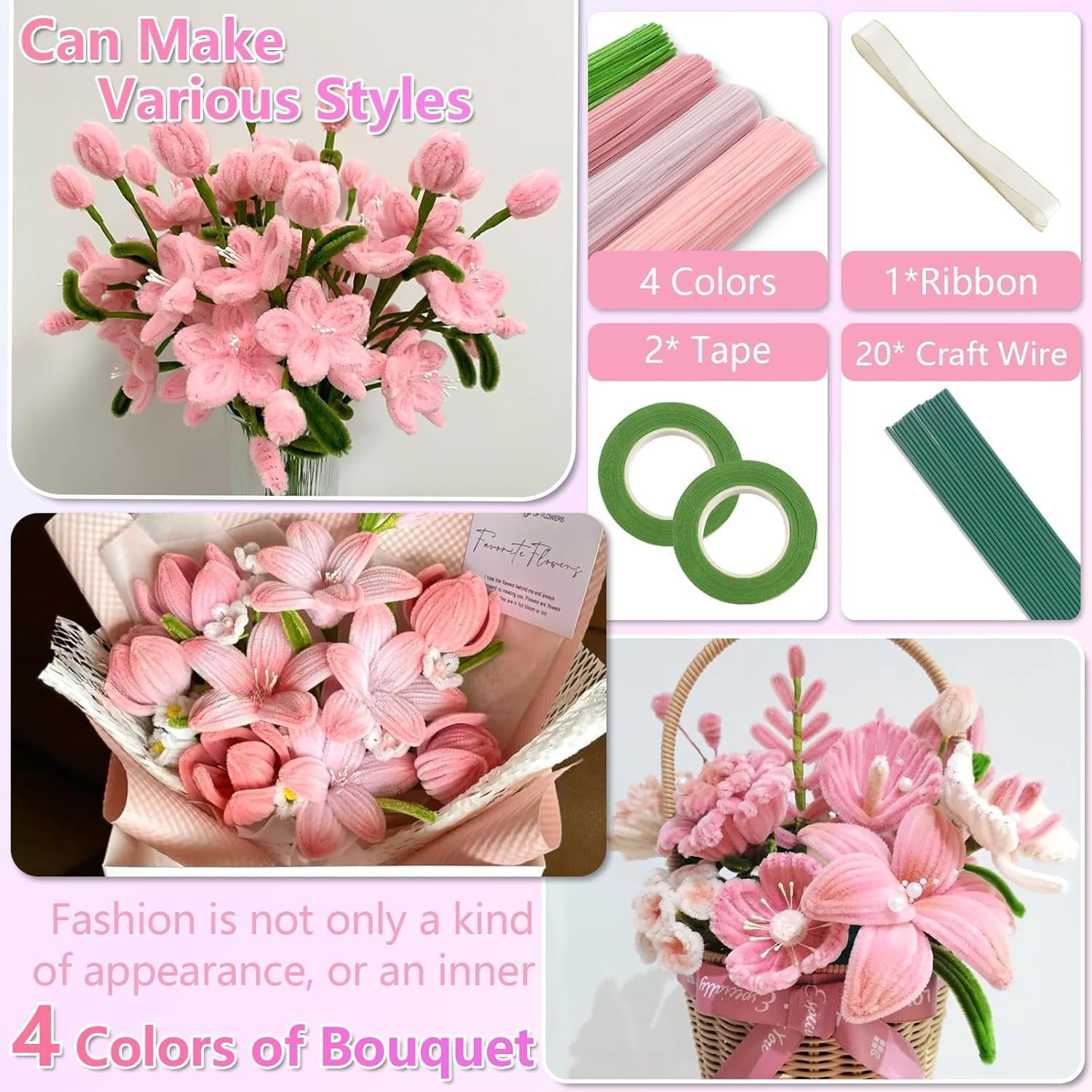 400 Pcs Pipe Cleaners Craft Set, 4 Colors Chenille Stems Bulk, DIY Flower Making Kit with Floral Wires, Floral Tape, Stamen & Ribbon for Arts, Crafts & Floral Arrangements