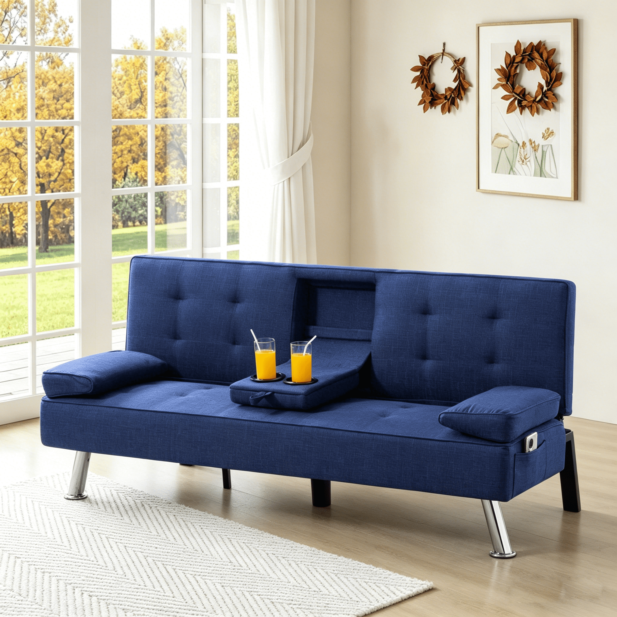 Gewnee 65.35" Futon Sofa Bed,Foldable Sleeper Sofa with 2 Cup Holders,5 Adjustable Positions,Modern Couch for Home and Guest Room.Navy Blue
