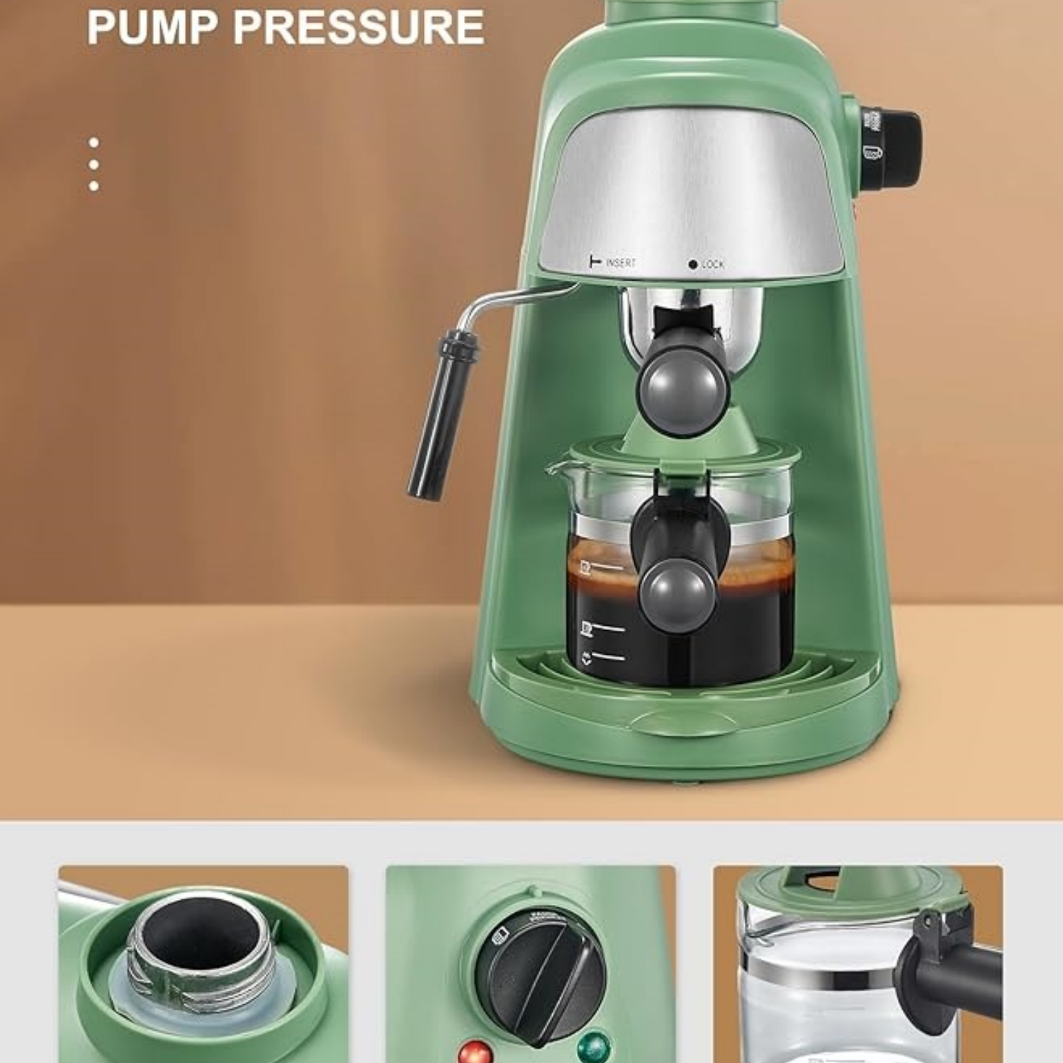 Espresso and Cappuccino Machine with Fast Heating Function, 1-4 Cups Coffee Maker with Milk Frothing Function and Steam Wand (Green)