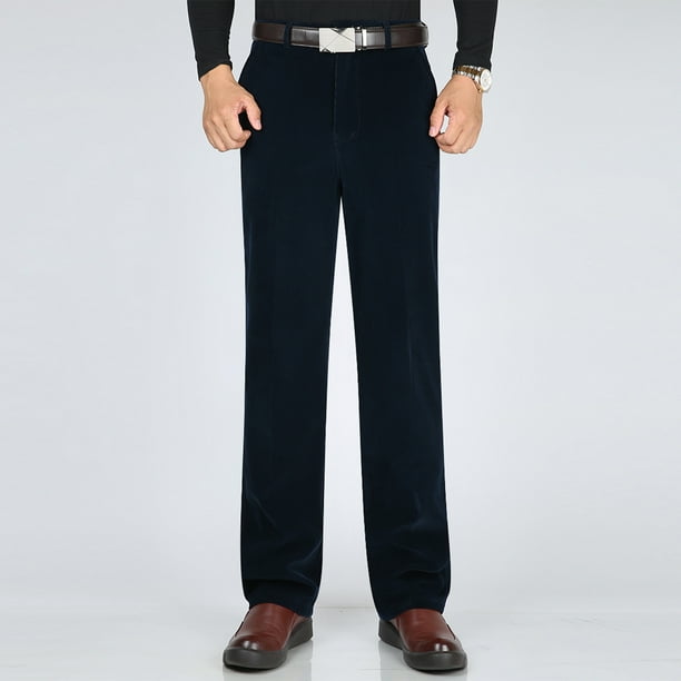 Pantalones largos de pana para hombre, de mediana edad, lisos, con botones, cremallera, cintura alta, bolsillos, pantalones largos de poliéster para hombre.
