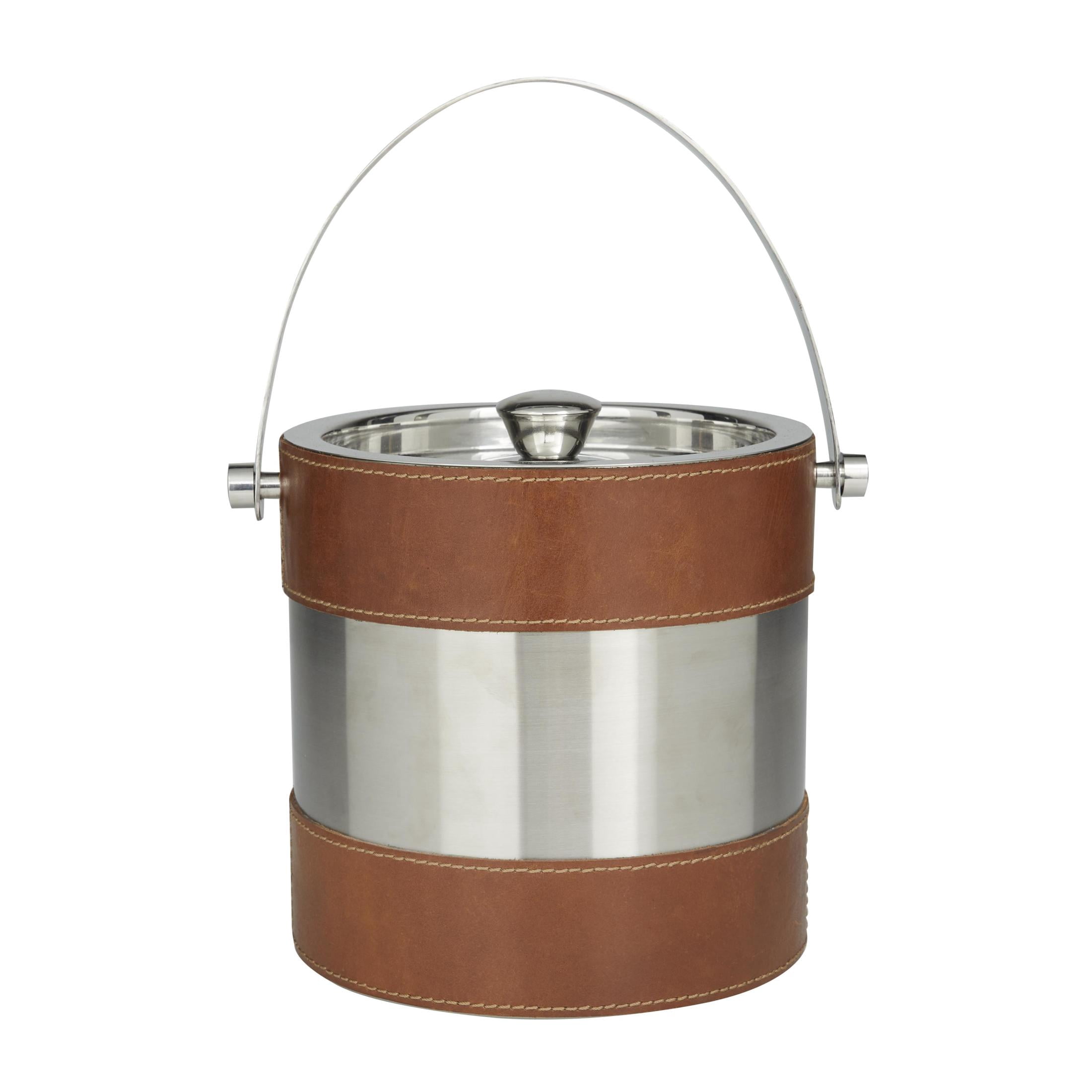 DecMode Round Leather Handmade Brown Ice Bucket with Lid
