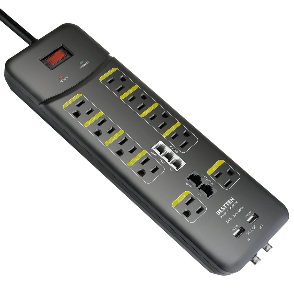 BESTTEN 3800Joule Surge Protector, 10Outlet AllinOne Power Strip