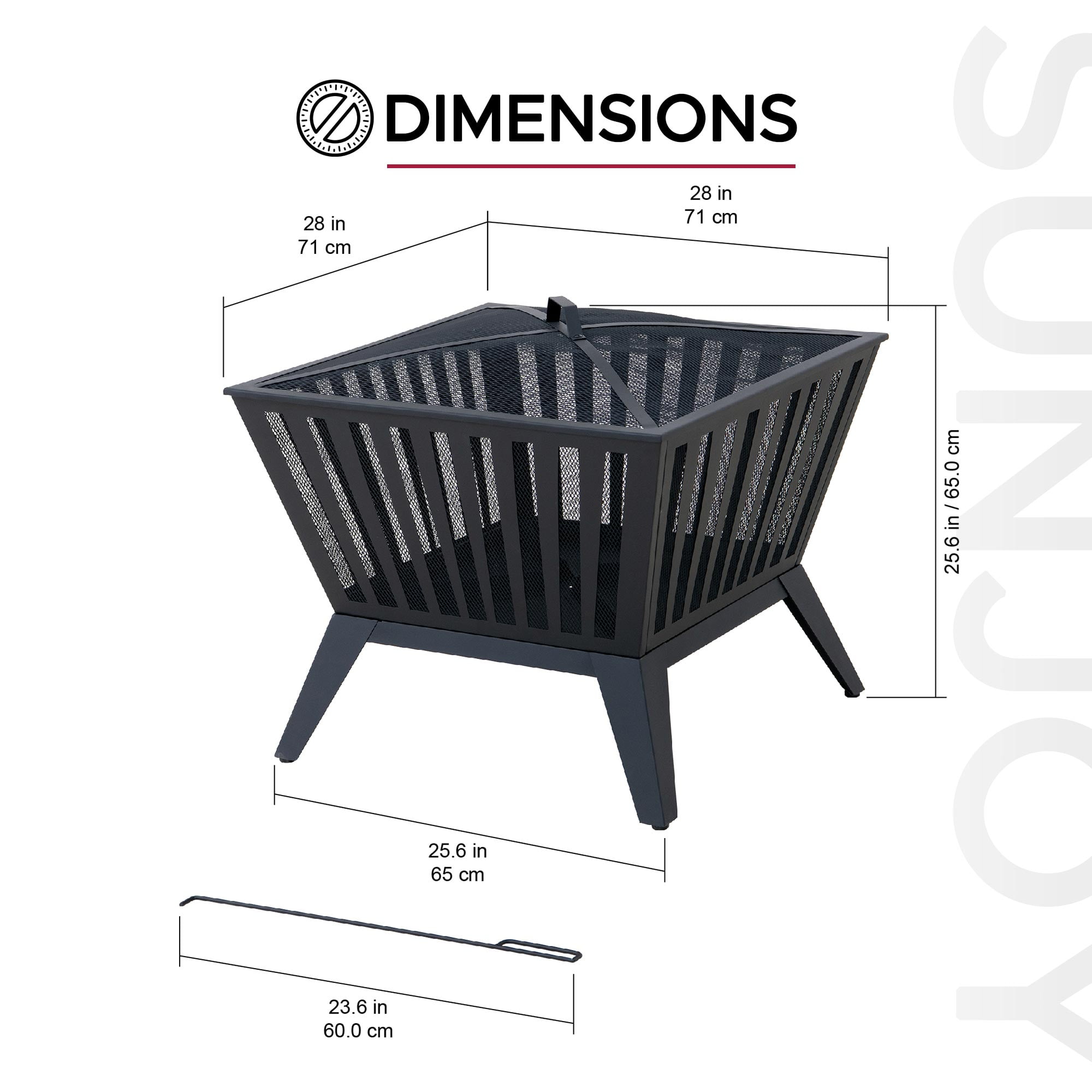 Sunjoy Firepit 28 Inch Wood Burning Fire Pit, Outdoor Black Steel Firepit with Fire Poker and Mesh cover