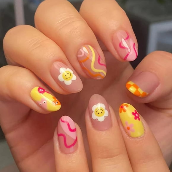 24 Pcs Flower Press on Nails Short, Almond French Tips Fake Nails Short Glue on Nails, Sun Flower False Nails with Glue Stickers, Cute Acrylic Nails Short for Women and Girls 8 24 Fl Oz (Pack of 1)