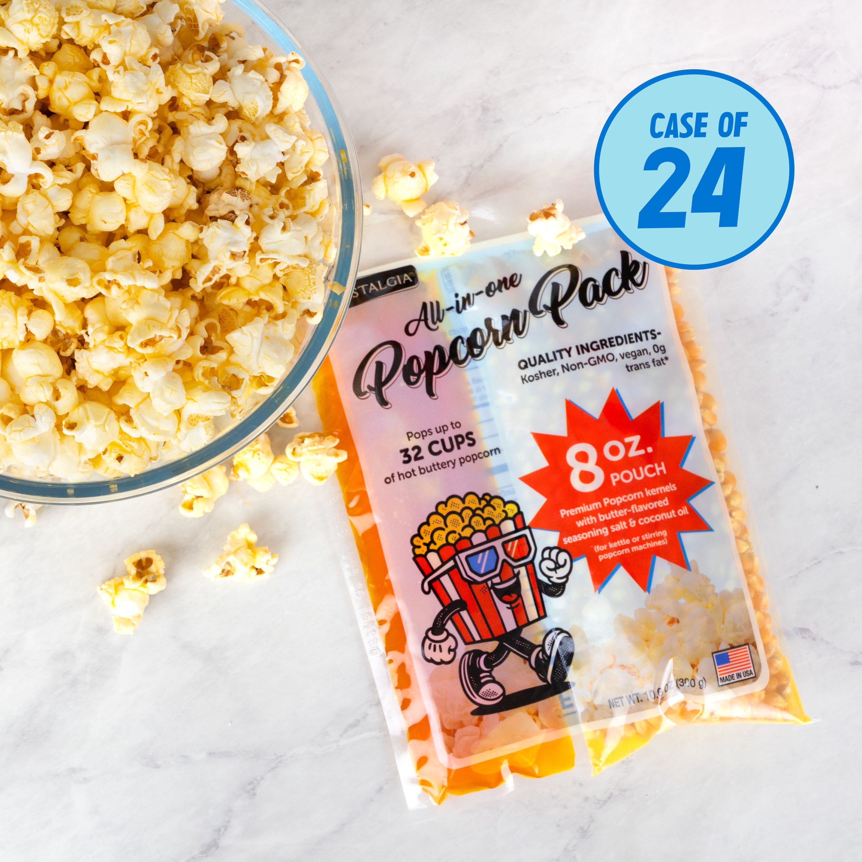 Nostalgia Popcorn Kit, 8 oz Popcorn Packs with Kernels Oil and Seasoning Salt, 32 Cups Per Batch, 24-Pack