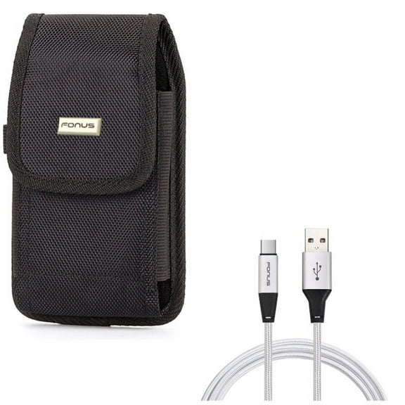 Rugged Canvas Case Vertical Belt Holster w Braided Type-C USB Cable 6ft Long Sync Wire G4K for Acer Liquid Jade Primo - Alcatel 7, Idol 4S - ASUS ROG Phone, ZenFone AR 6 5z 4 Pro