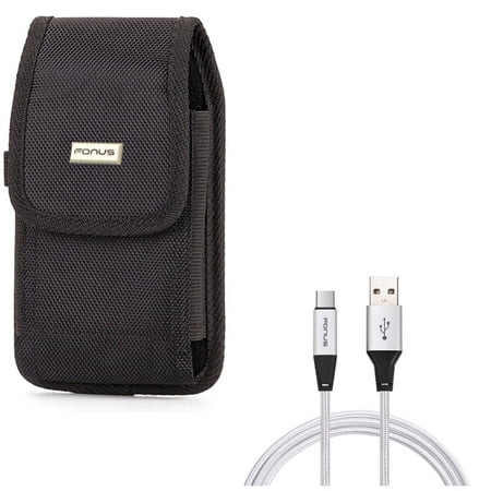 Rugged Canvas Case Vertical Belt Holster w Braided Type-C USB Cable 6ft Long Sync Wire G4K for Acer Liquid Jade Primo - Alcatel 7, Idol 4S - ASUS ROG Phone, ZenFone AR 6 5z 4 Pro