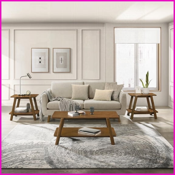Mid-Century Modern Walnut 3-Piece Coffee Table Set for Living Room with Storage Shelf, Durable Rubberwood Legs