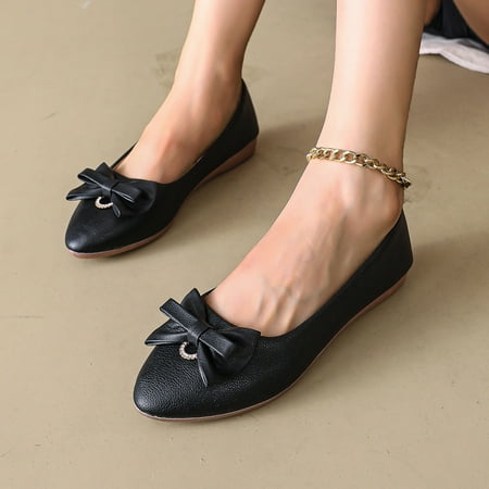 

GUOBIOZIY Dress Shoes Women Ladies Flat Shoes Slip On Ballet Flats Pure Color Bowknot Rhinestone Low Heel Single Shoes Loafers（Black 6.5）