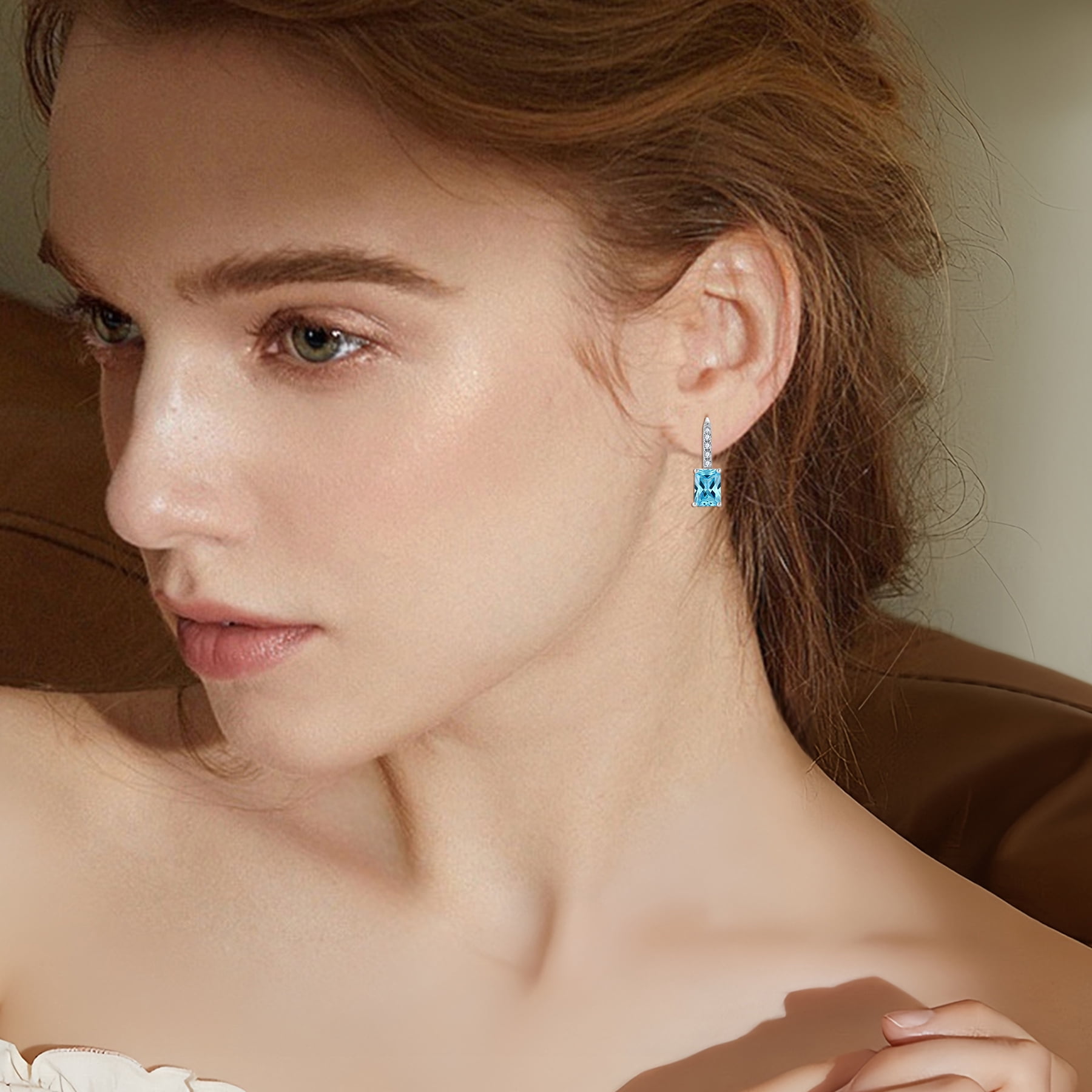 FJ Princess Cut Dangle Drop Earrings 925 Sterling Silver Square Leverback Earrings March Birthstone Aquamarine Jewelry Gifts for Women