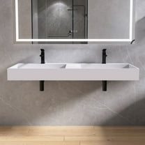 MEDUNJESS 54" Upgraded Wall Mounted Double Basins Sink Solid Surface Rectangular Modern Bathroom Sink with Faucet Hole，Matte White